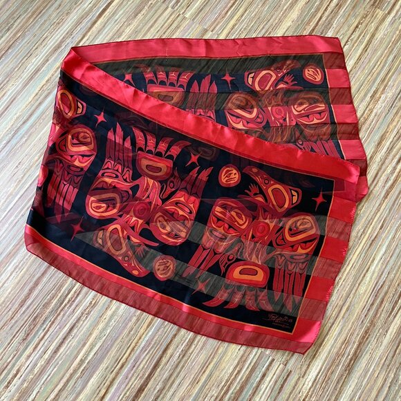 Bill Helin Haida Raven Silk Satin Long Scarf Red/Black Vintage Y2K Magenta 60" - Picture 2 of 9